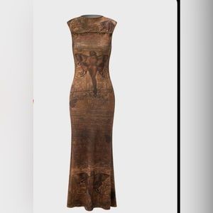 KOLLYY Y2K Long Bodycon Dress With Cut Out Chest Detail Women Size Large Brown